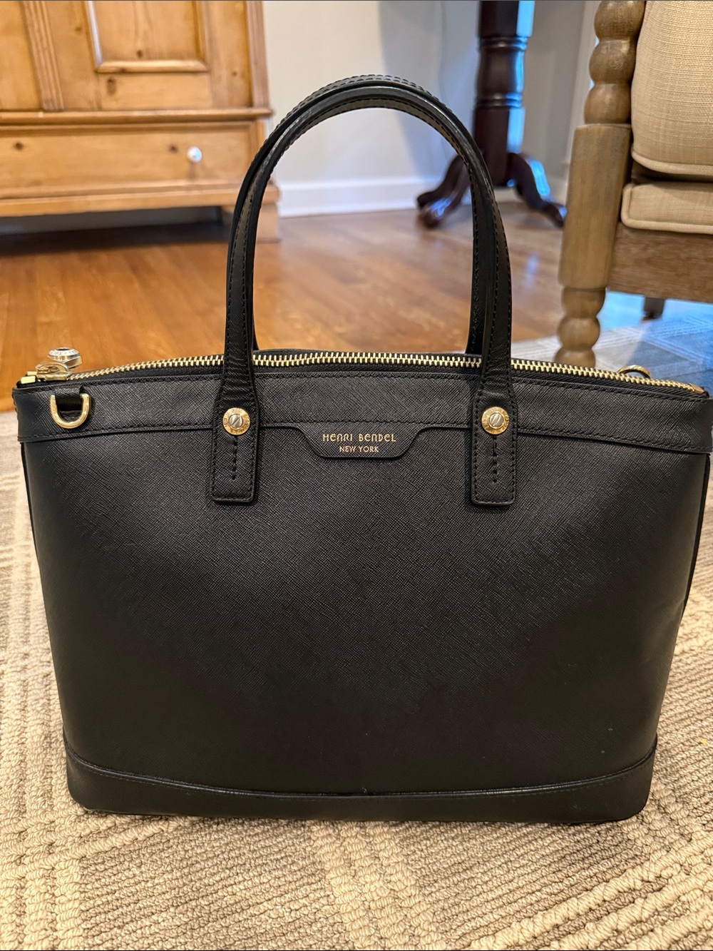 henri bendel Black Saffiano Leather Satchel with Gold Hardware